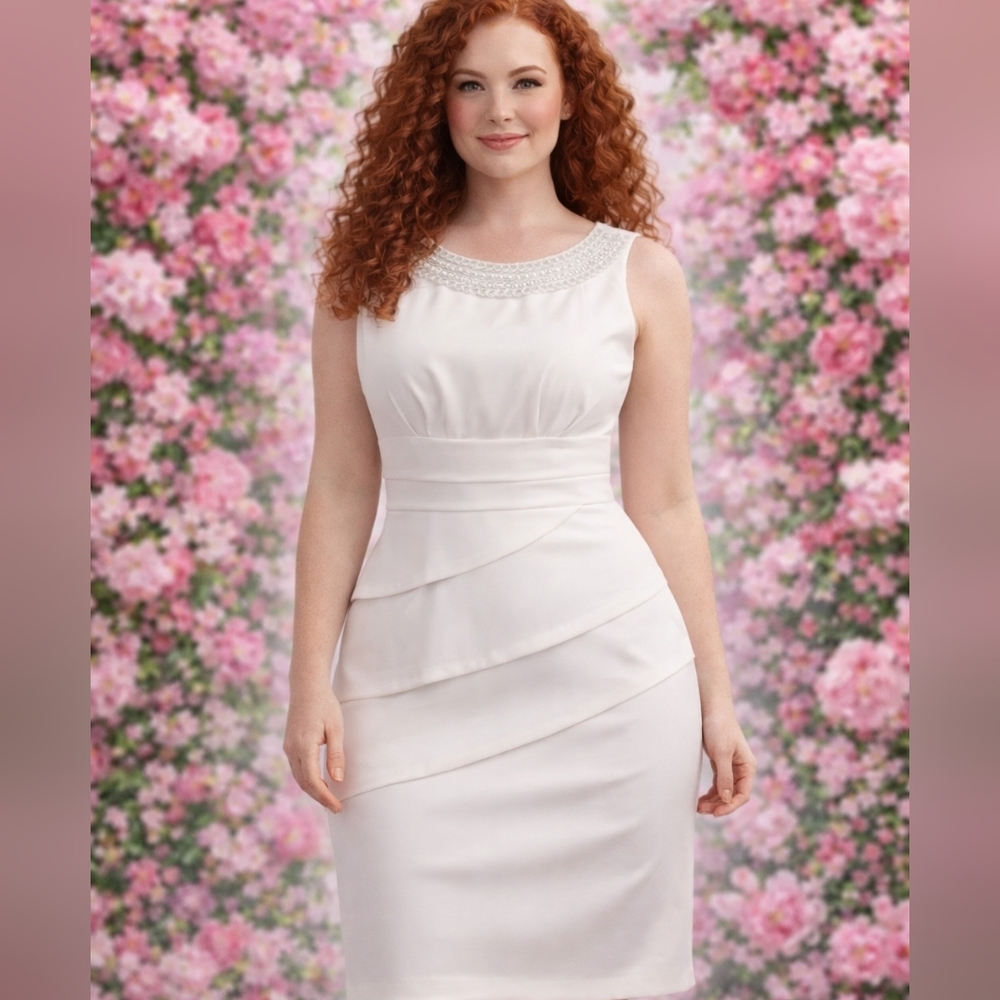 Connected🤍Apparel Ivory Layered Dress with SILVER LACE&PEARL Neckline Sz 10